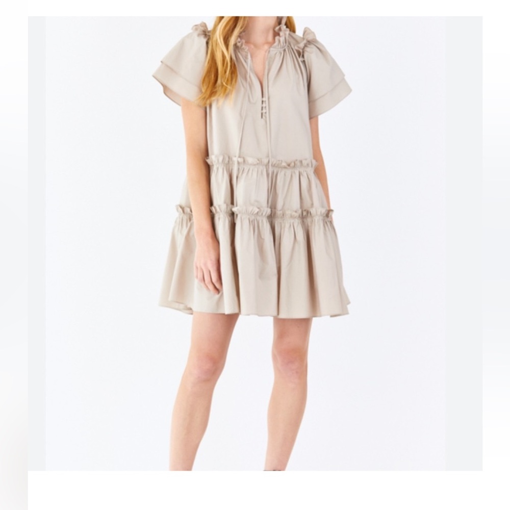 HUNTER BELL Tan Ruffled Puff Sleeve Sundress